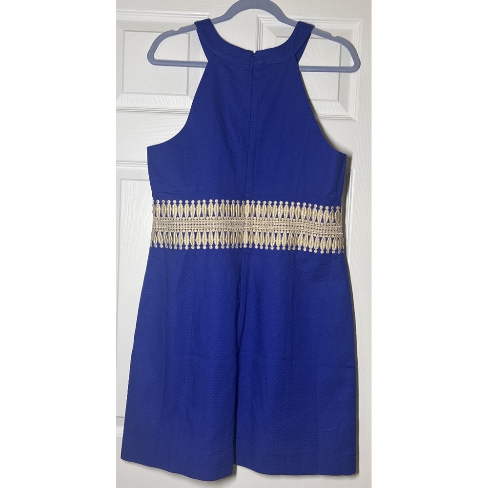 Lilly Pulitzer Ashlyn Shift Bomber Blue Halter Dress Gold Detail NWT Size 14 - Picture 2 of 6